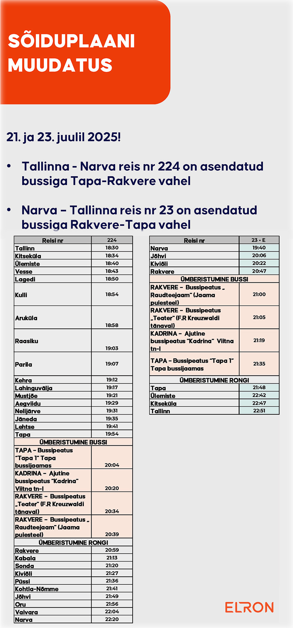 Elron: 21. ja 23. juulil 2025 toimuvad sõiduplaanis muudatused