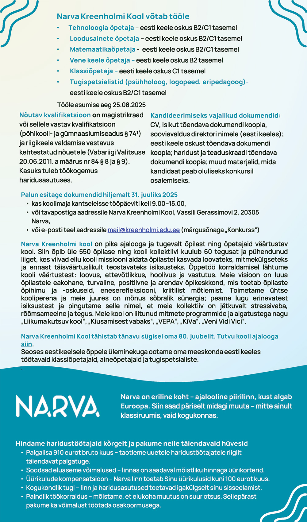Narva Kreenholmi Kooli tööpakkumised kuni 31.07.2025