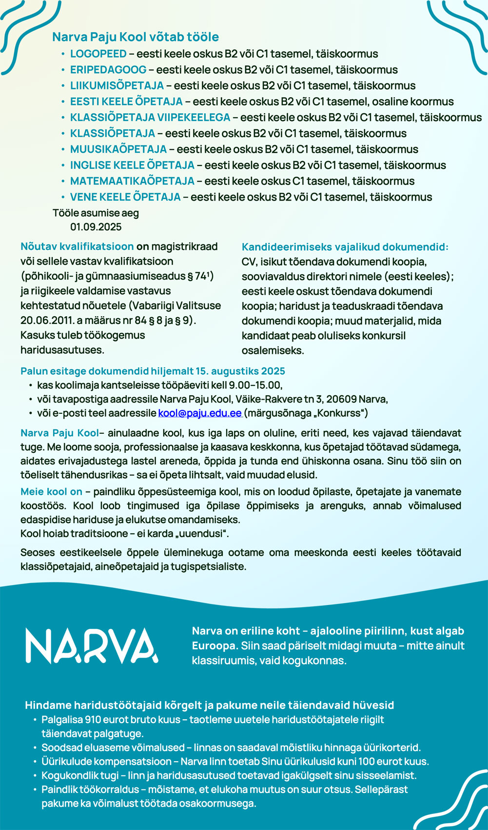 Narva Paju Kooli tööpakkumised kuni 15.08.2025