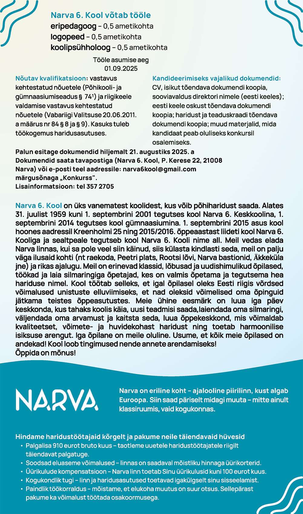 Narva 6. Kooli tööpakkumised kuni 21.08.2025
