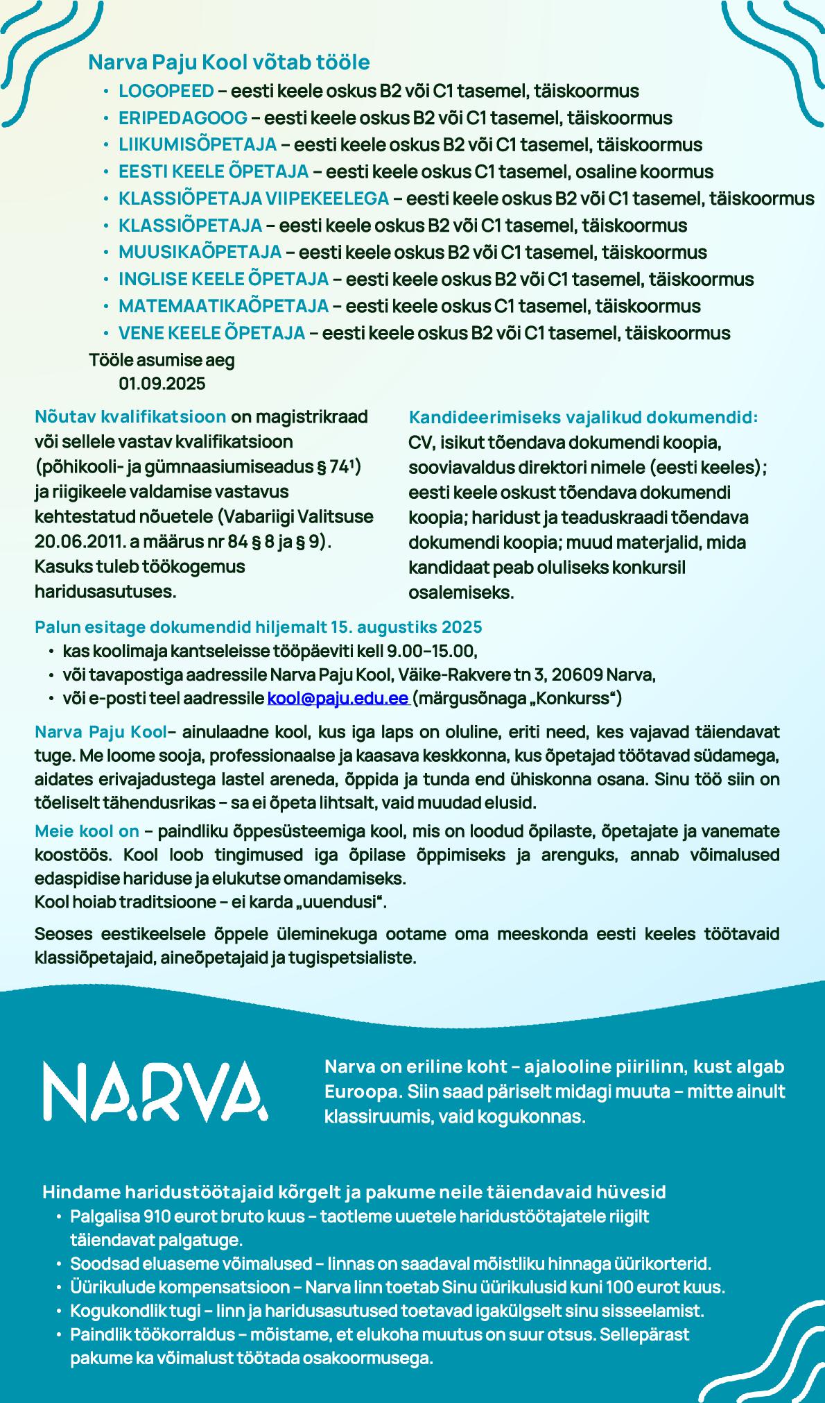 Narva Paju Kooli tööpakkumised