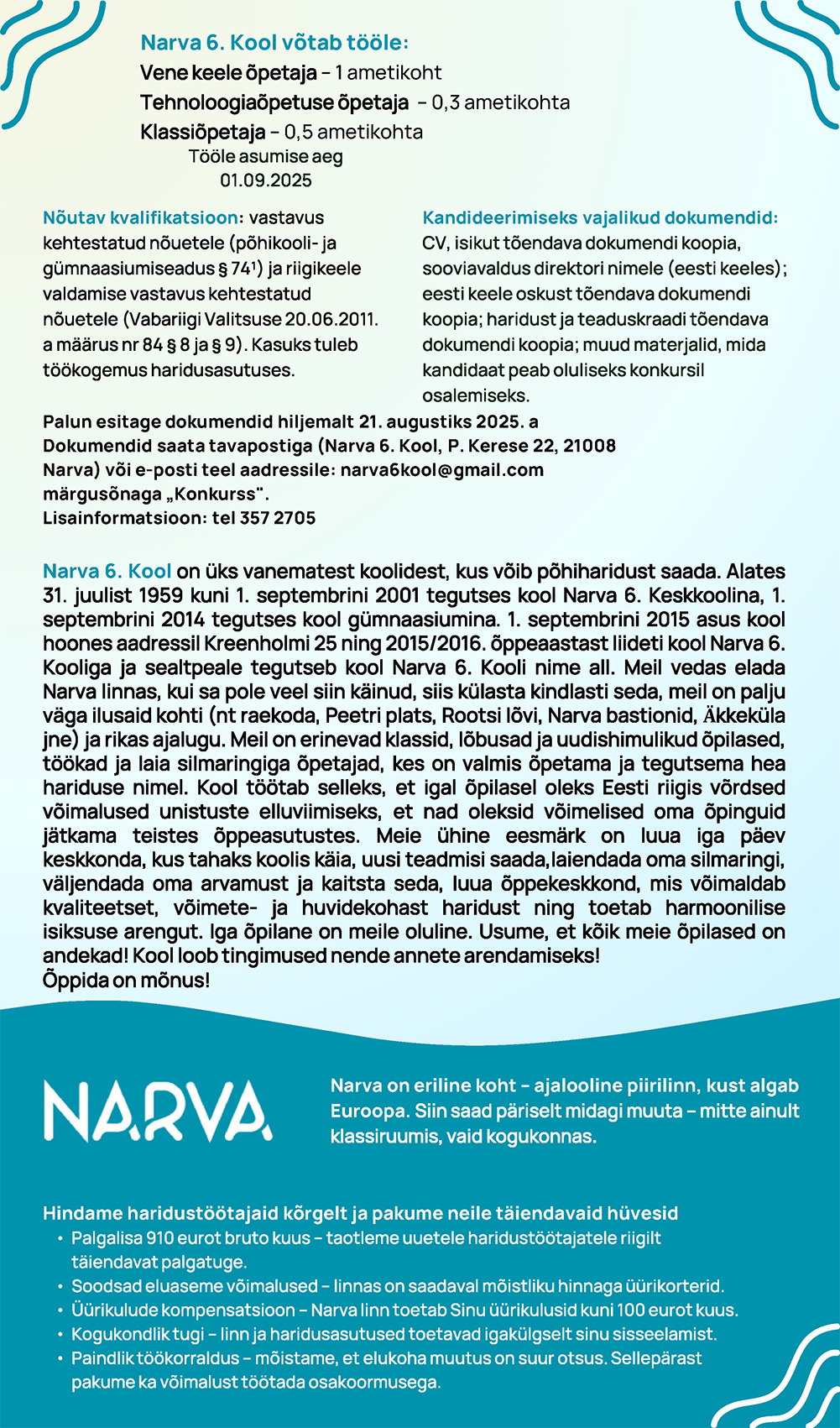 30.07.2025 Narva 6. Kooli tööpakkumised kuni 21.08.2025