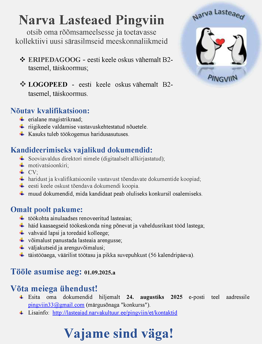Narva Lasteaia Pingviin tööpakkumised kuni 24.08.2025