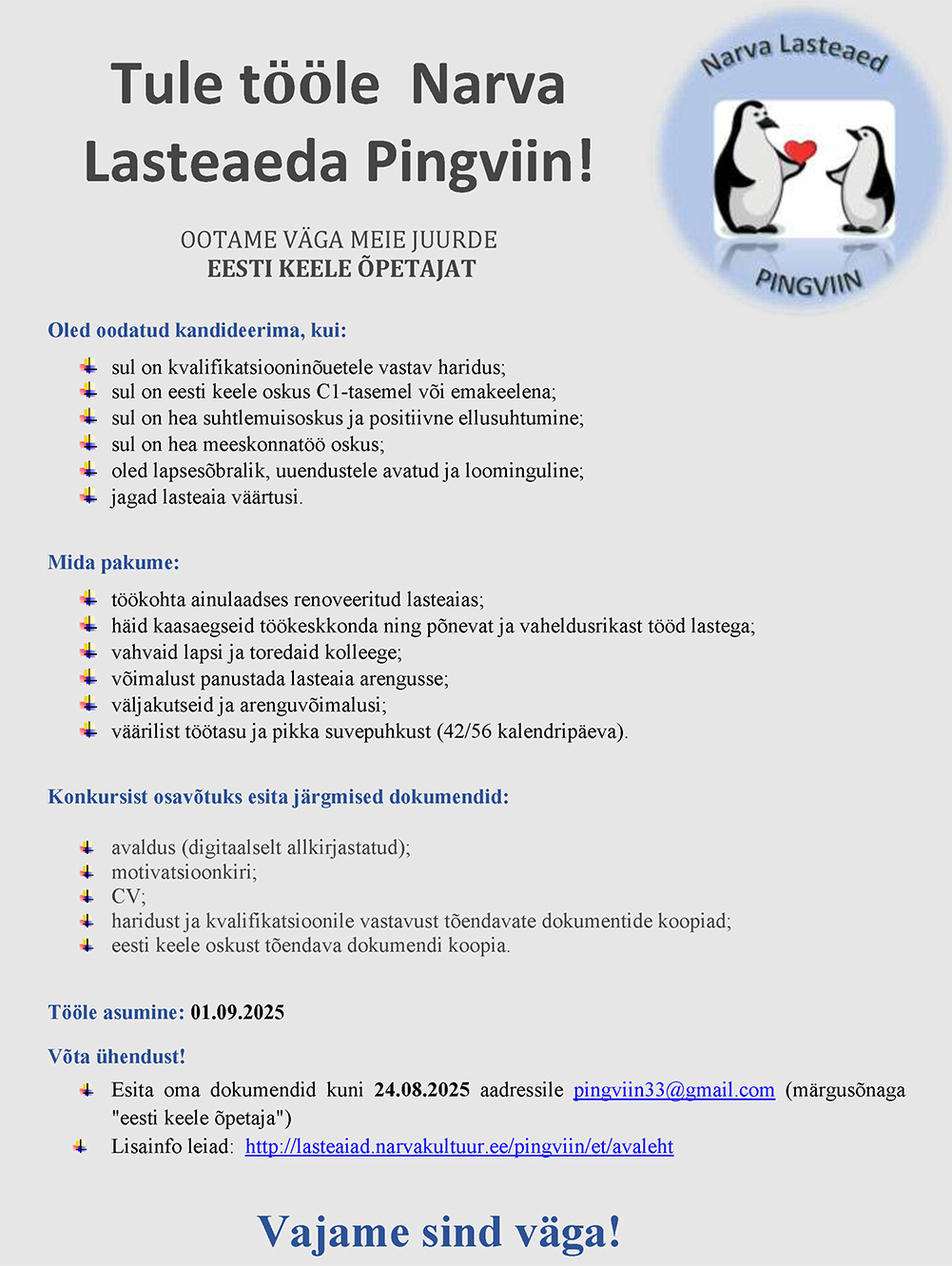 Narva lasteaia Pingviin töökuulutus kuni 24.08.2025