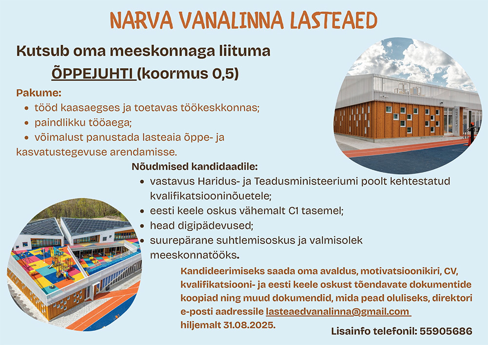 Narva Vanalinna lasteaia õppejuhi töökuulutus kuni 31.08.2025