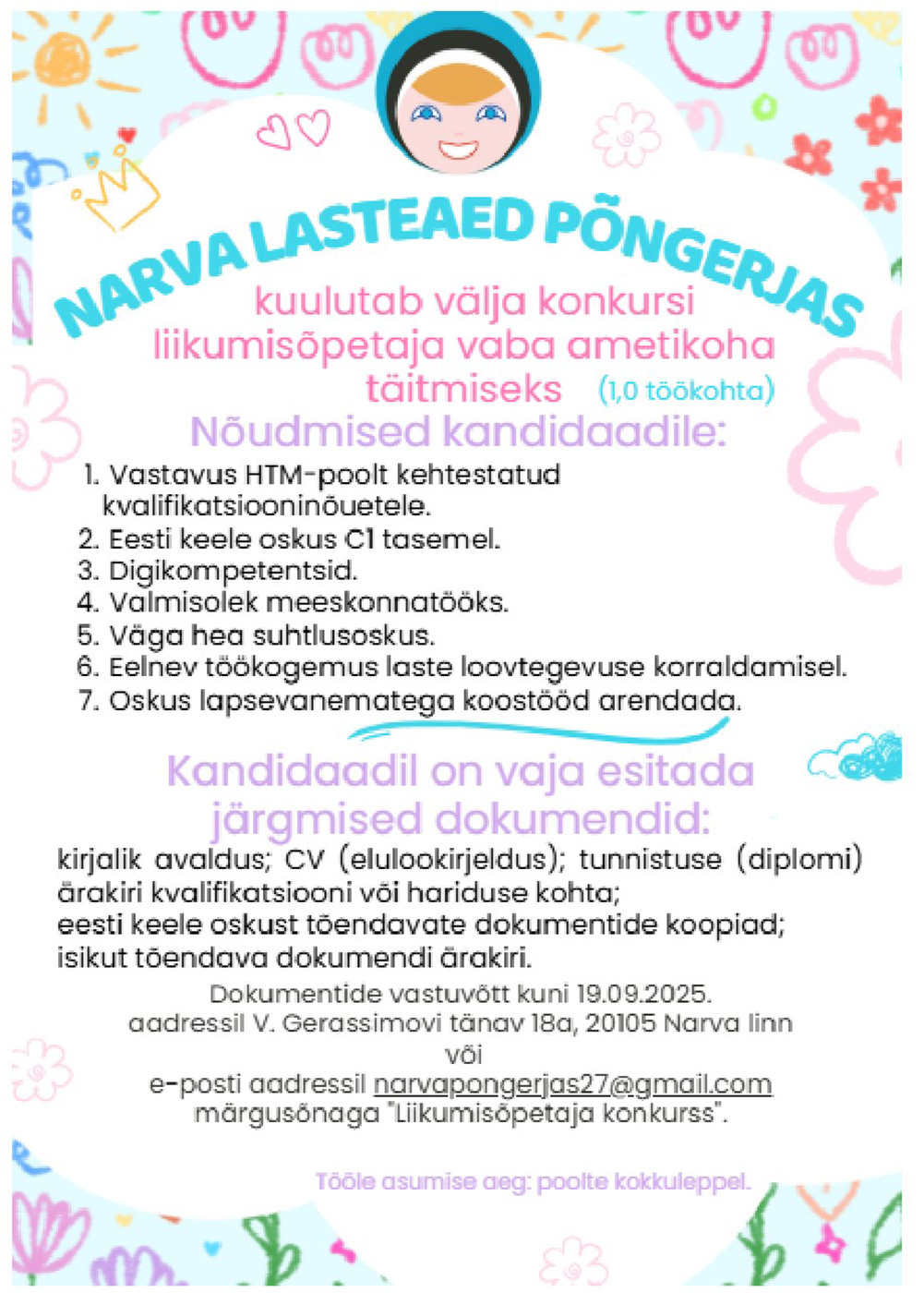Narva lasteaia Põngerjas liikumisõpetaja töökuulutus kuni 19.09.2025