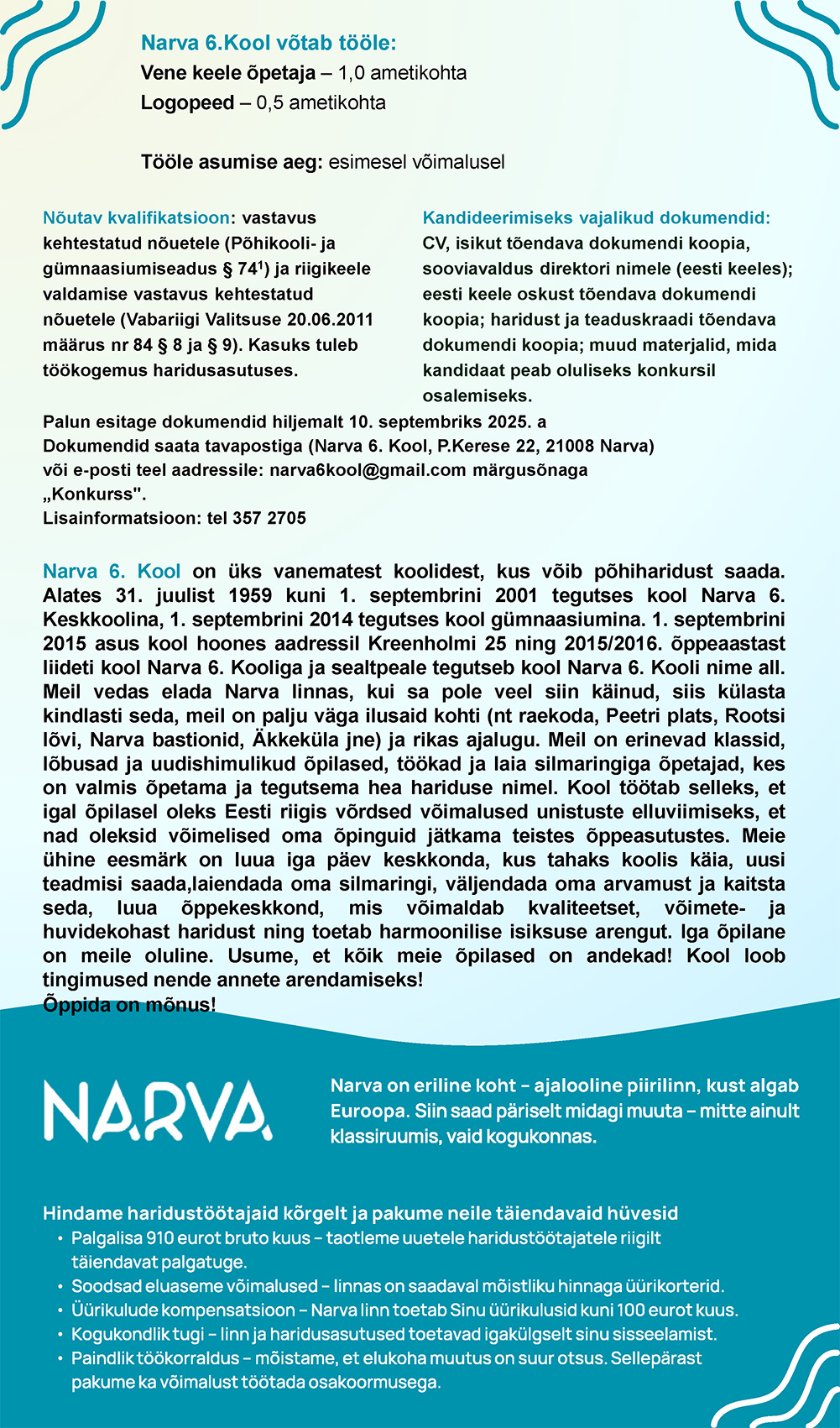 Narva 6. Kooli töökuulutused kuni 10.09.2025