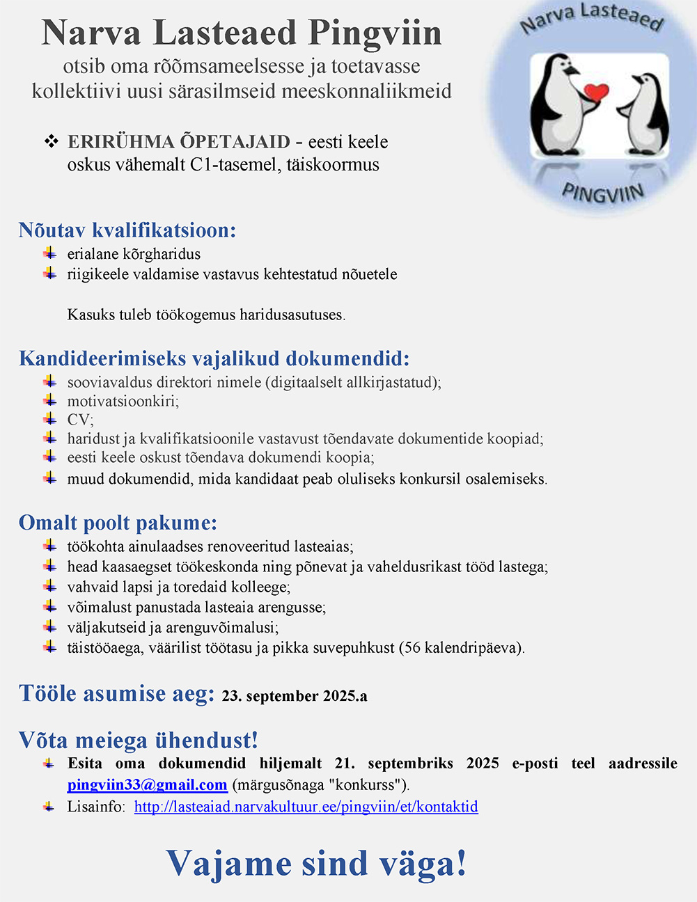 Narva la Pingviin erirühma õpetajad - töökuulutus kuni 21.09.2025