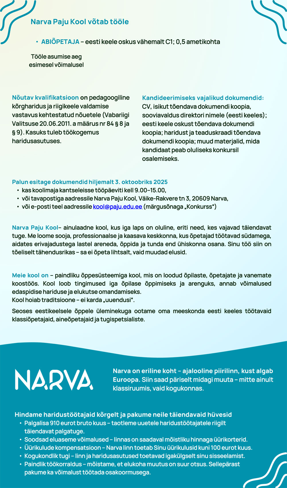 Narva Paju Kooli abiõpetaja kuni 03.10.2025