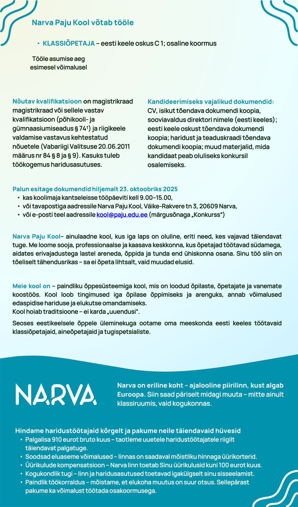 Narva Paju Kool, klassiõpetaja - 23.10.2025