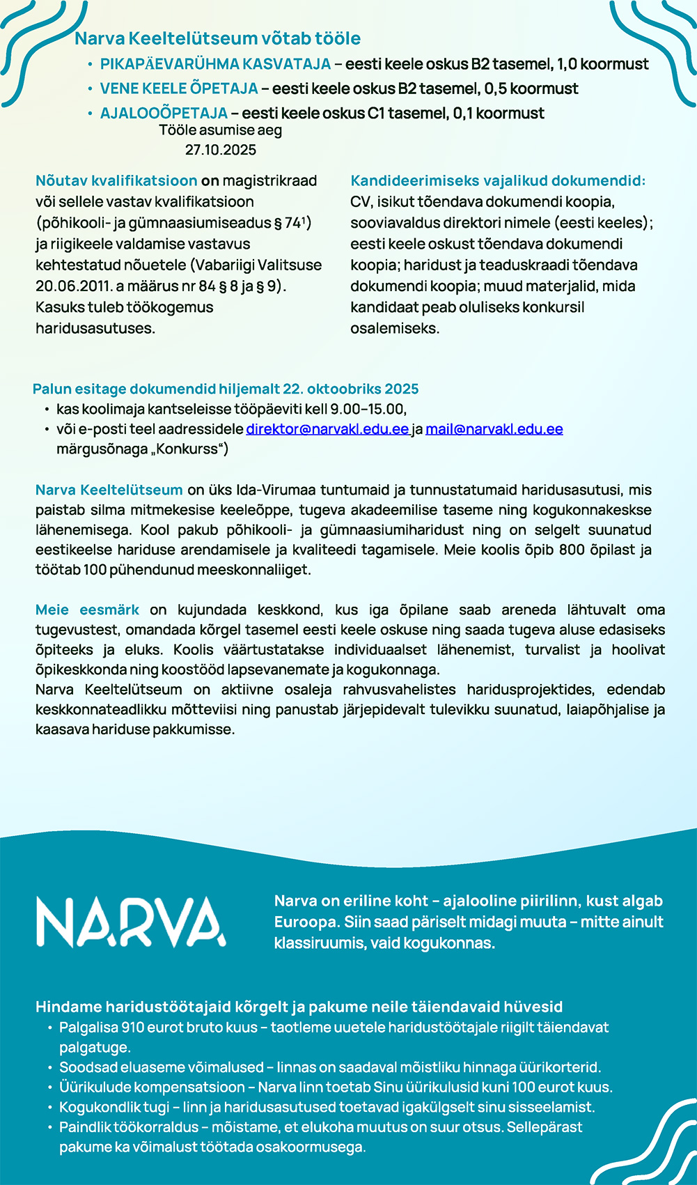 Narva Keeltelütseumi töökuulutused kuni 22.10.2025