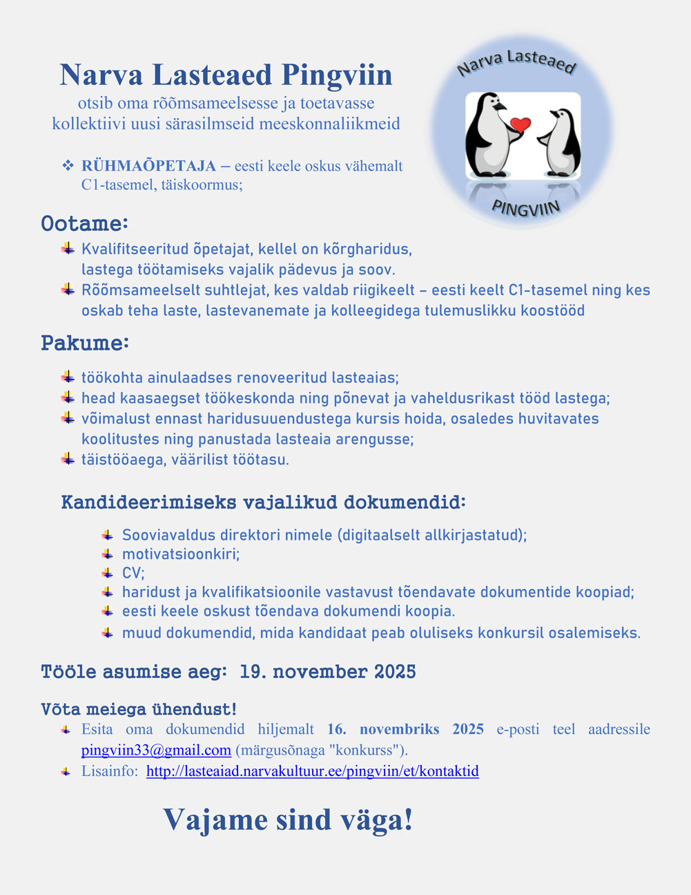 Narva la Pingviin töökuulutus rühmaõpetaja kuni 16.11.2025
