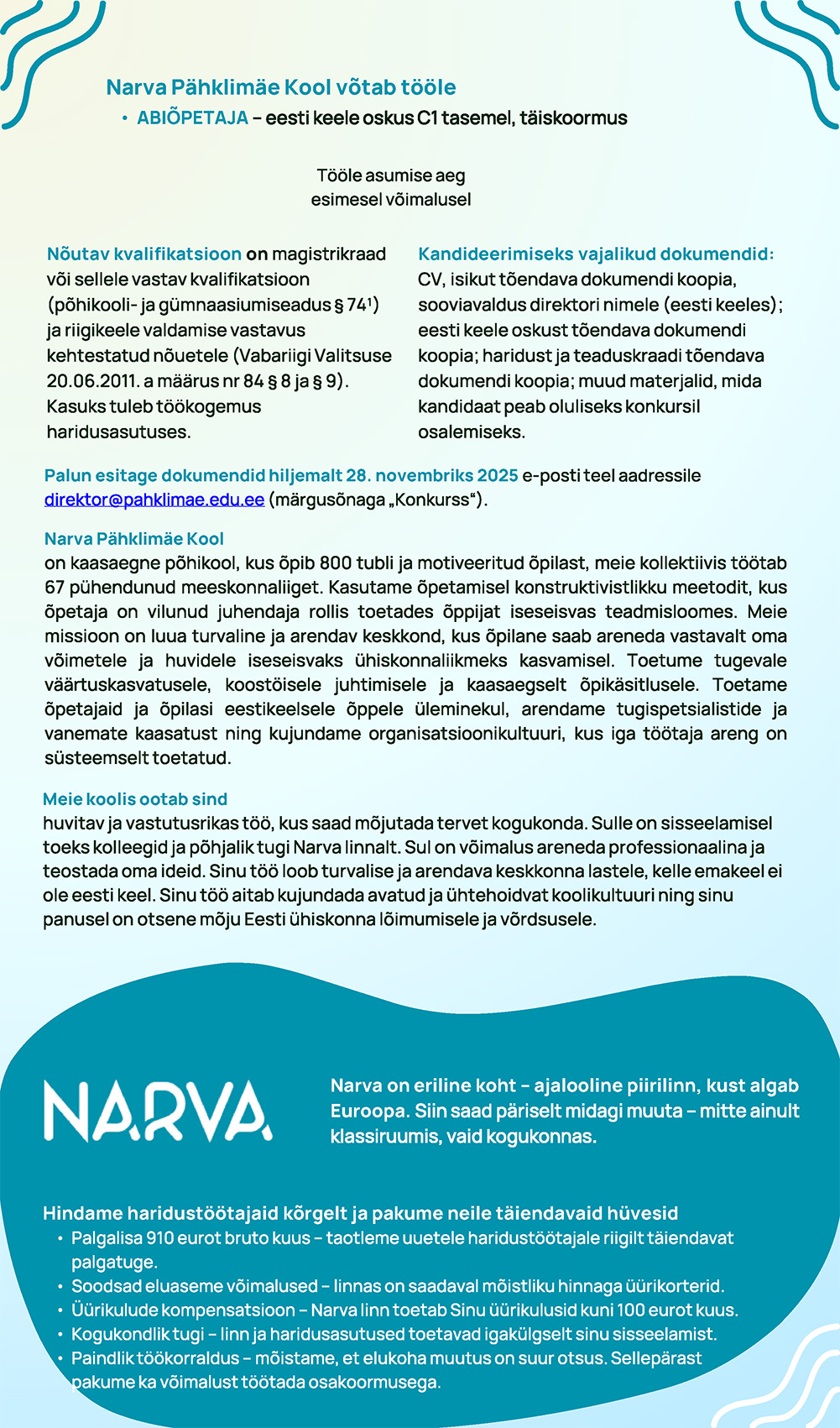 Pähklimäe Kool, abiõpetaja töökuulutus kuni 28.11.2025