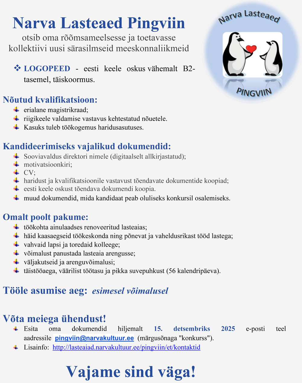 Narva lasteaed Pingviin, logopeed kuni 15.12.2025