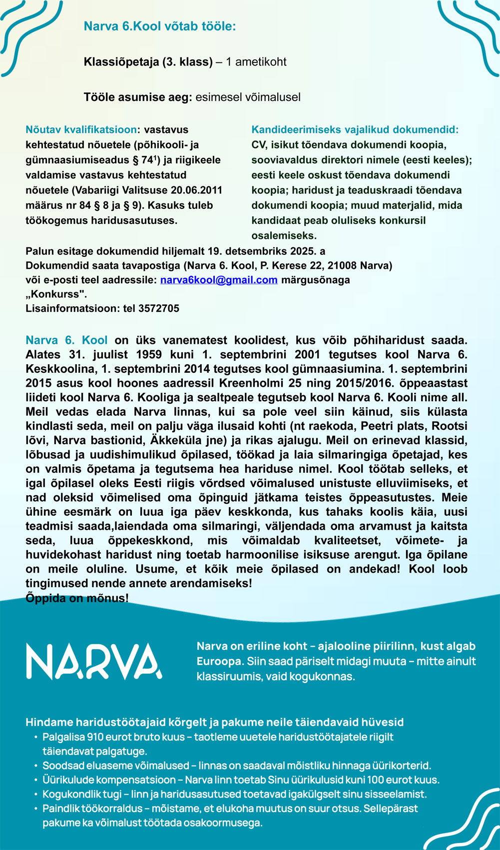 Narva 6. Kooli klassiõpetaja töökuulutus kuni 19.12.2025
