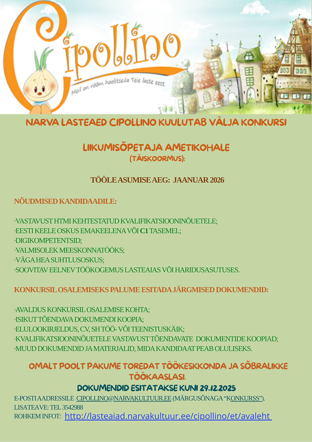 Narva la Cipollino liikumisõpetaja kuni 29.12.2025