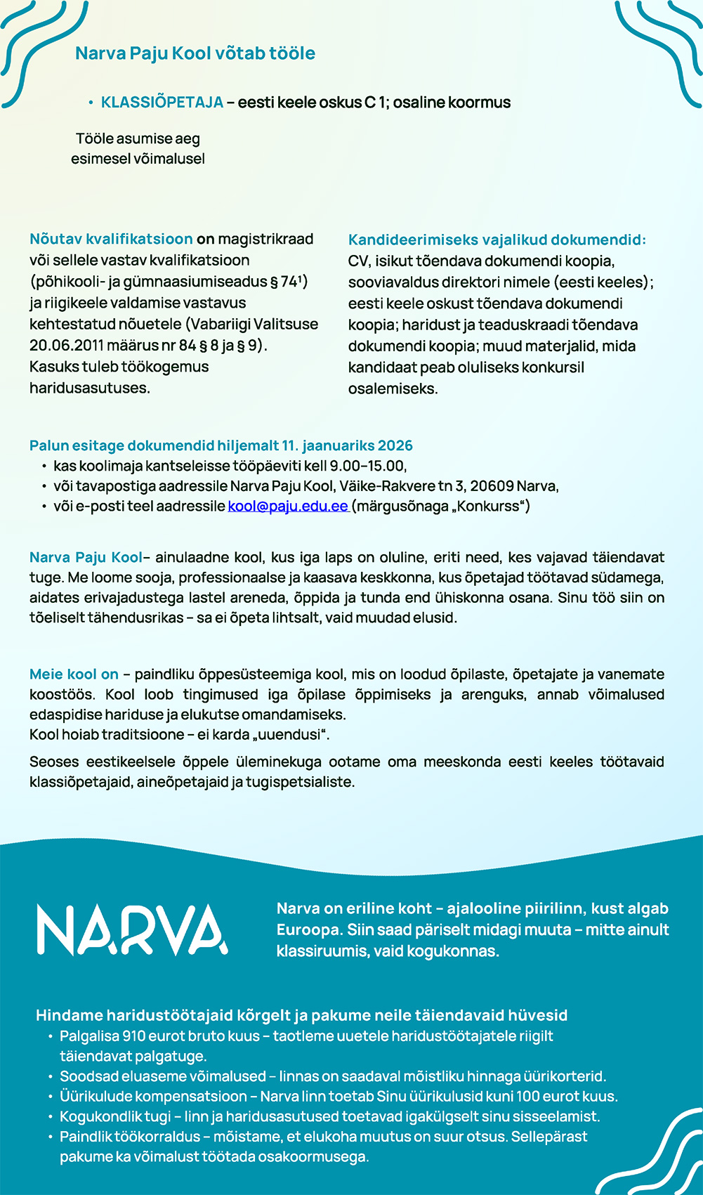 Narva Paju Kooli klassiõpetaja kuni 11.01.2026