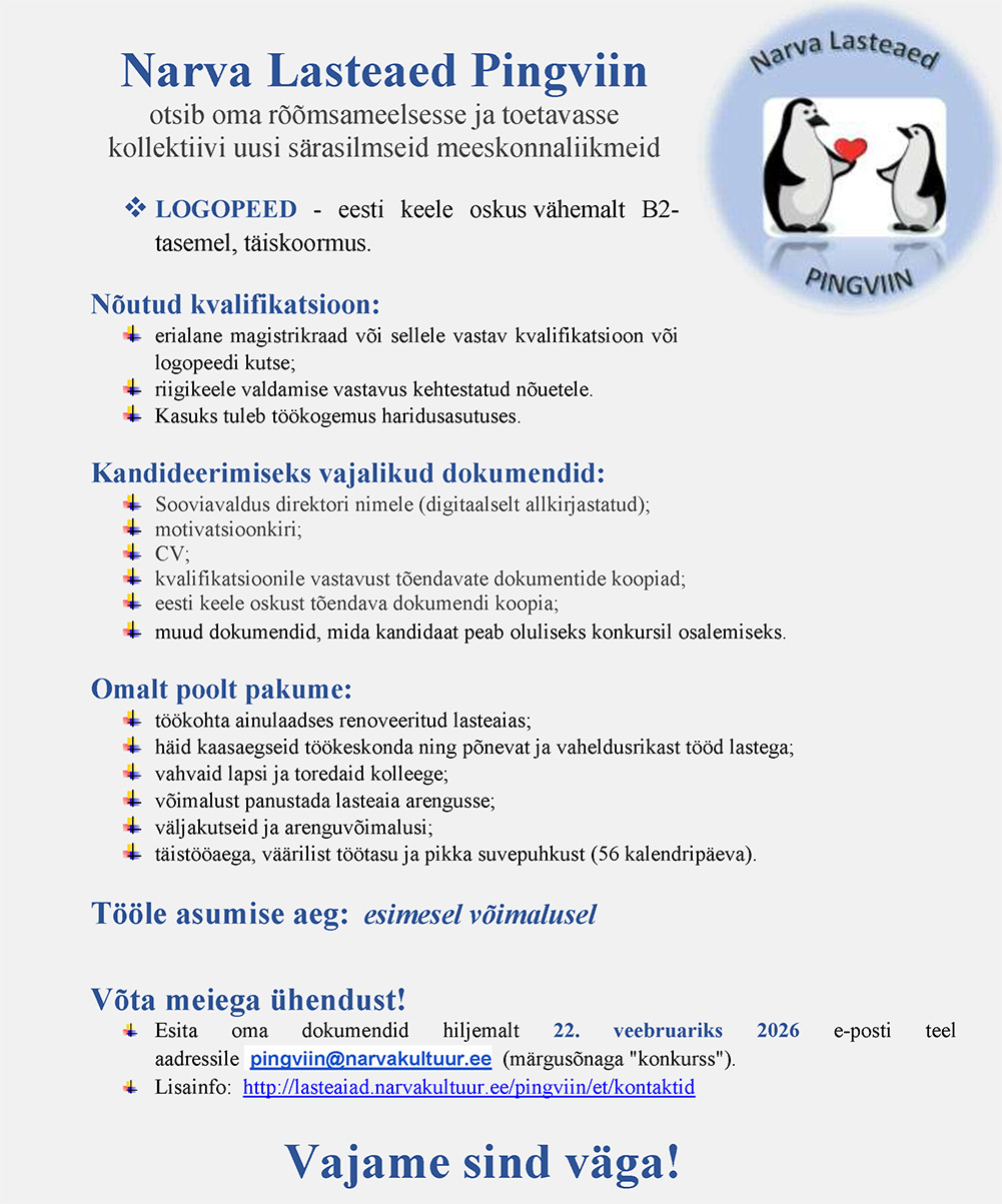 Narva la Pingviin tööpakkumine - logopeed, kuni 22.02.2026
