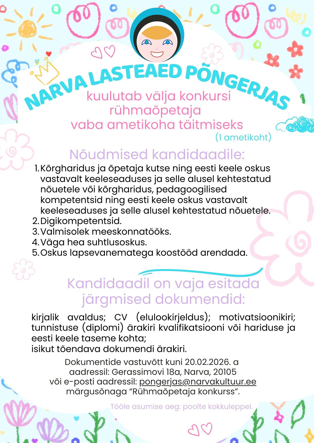 Narva la Põngerjas rühmaõpetaja töökuulutus kuni 20.02.2026