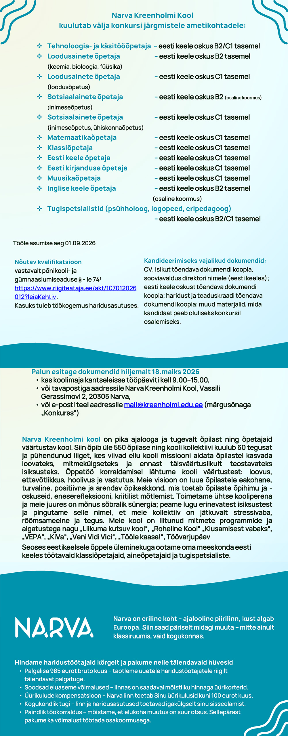 Kreenholmi kooli töökuulutused kuni 18.05.2026