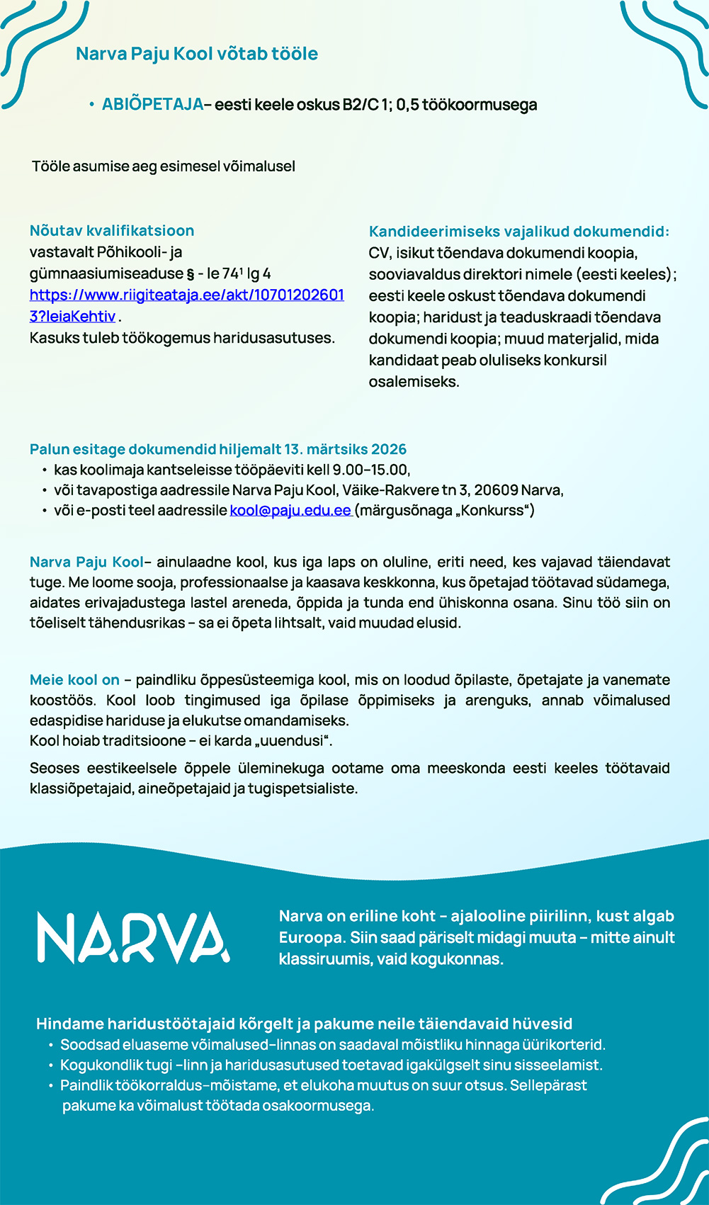 Narva Paju Kooli töökuulutus kuni 13.03.2026