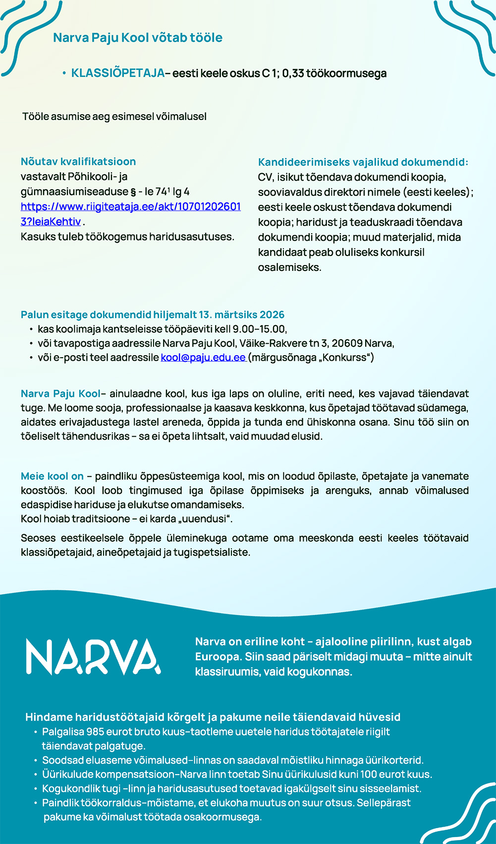 Narva Paju Kooli töökuulutus kuni 13.03.2026