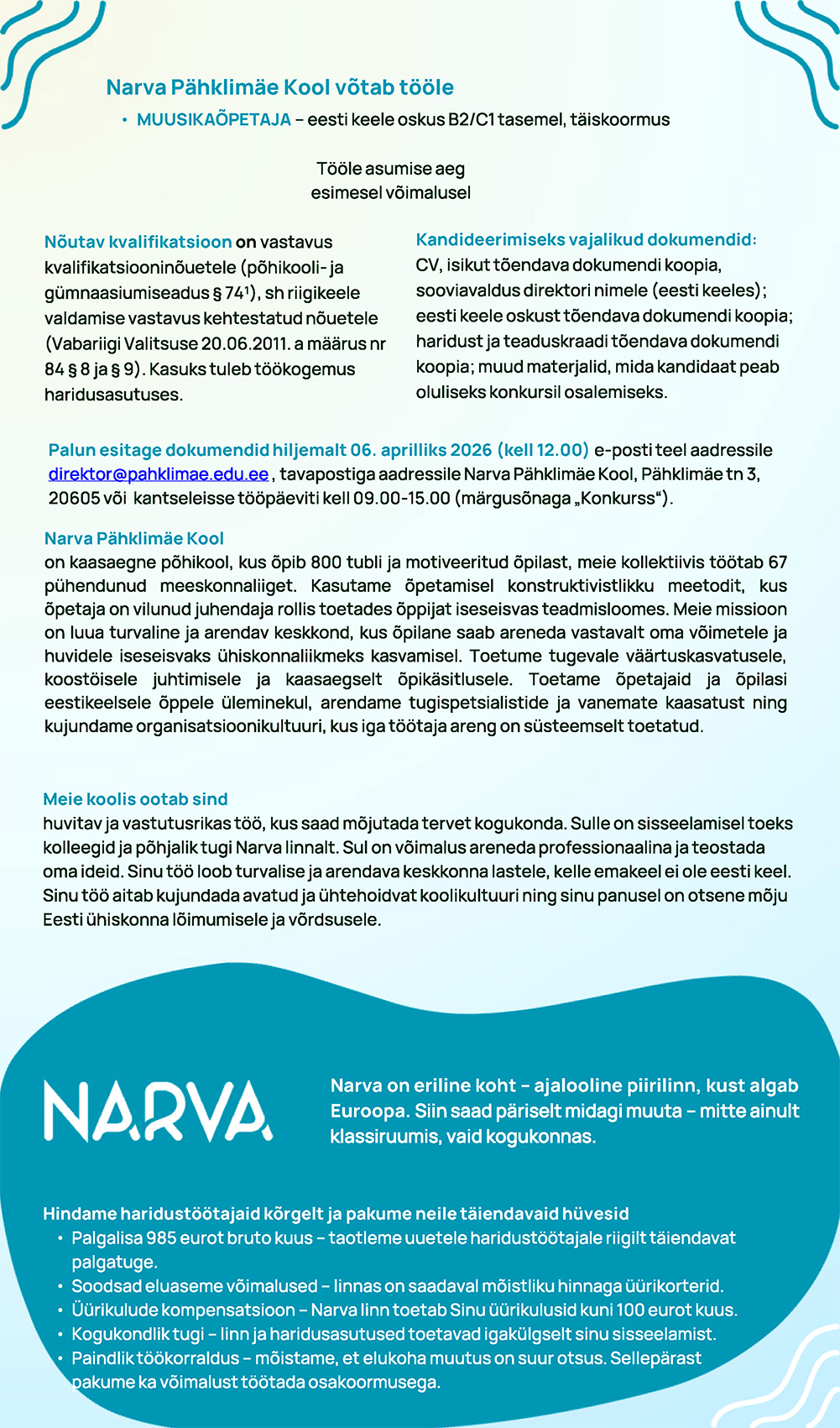 Pähklimäe kooli muusikaõpetaja kuni 06.04.2026