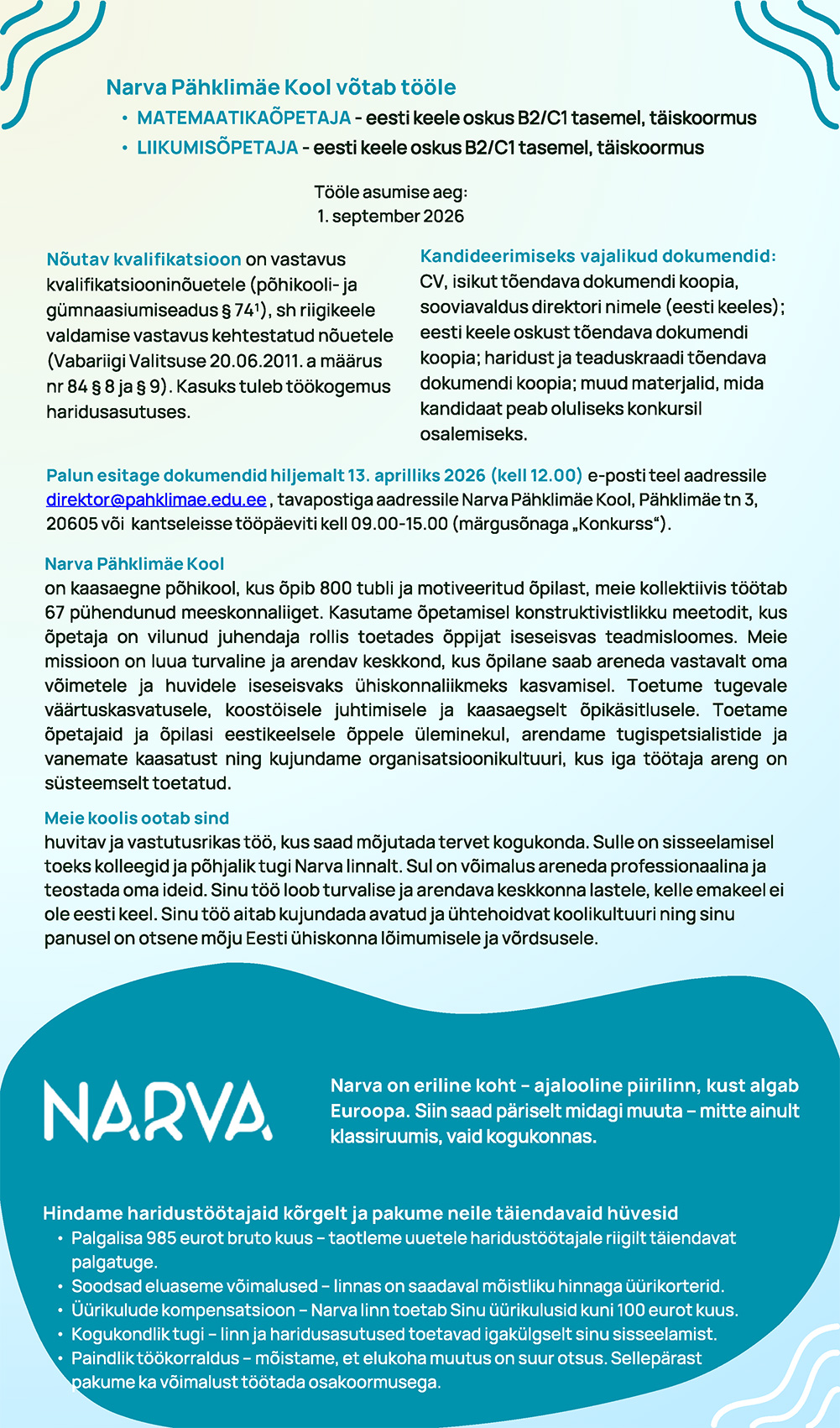 Pähklimäe kooli töökuulutused kuni 13.04.2026