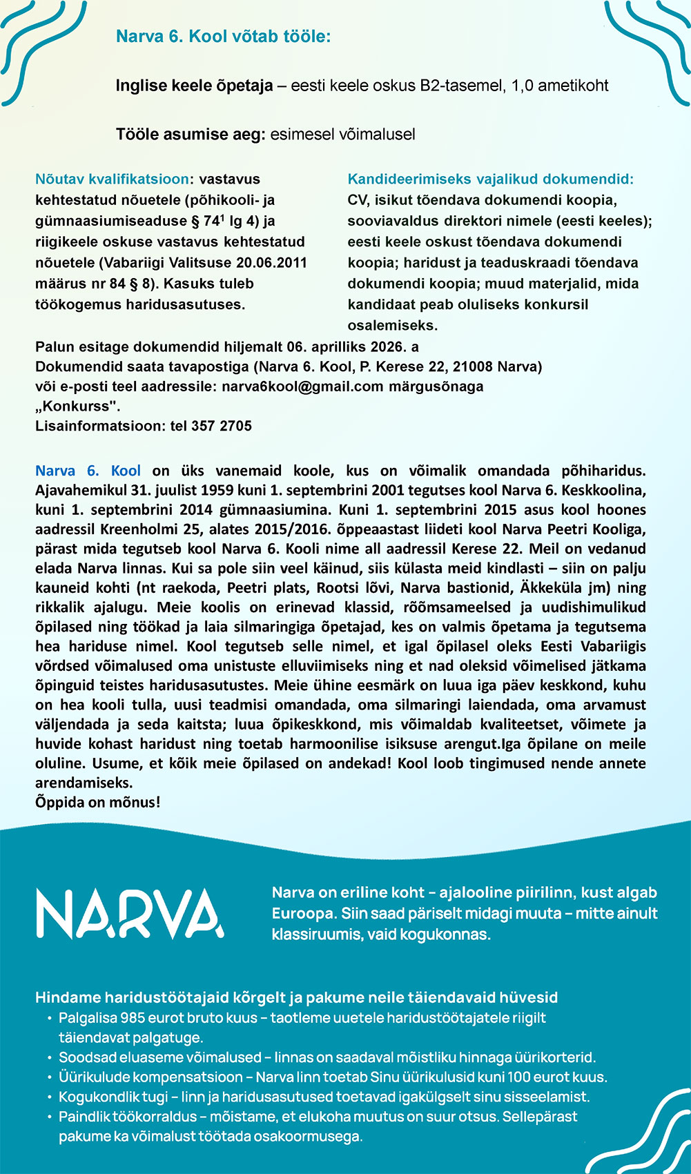 Narva 6. Kool inglise keele õpetaja kuni 06.04.2026