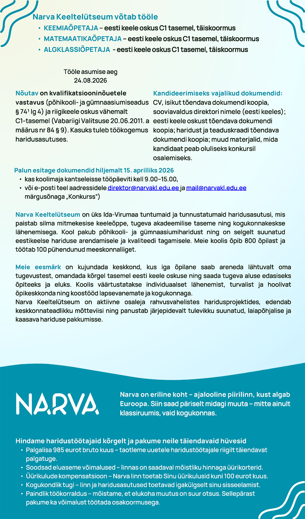 Narva Keeltelütseumi töökuulutused kuni 15.04.2026