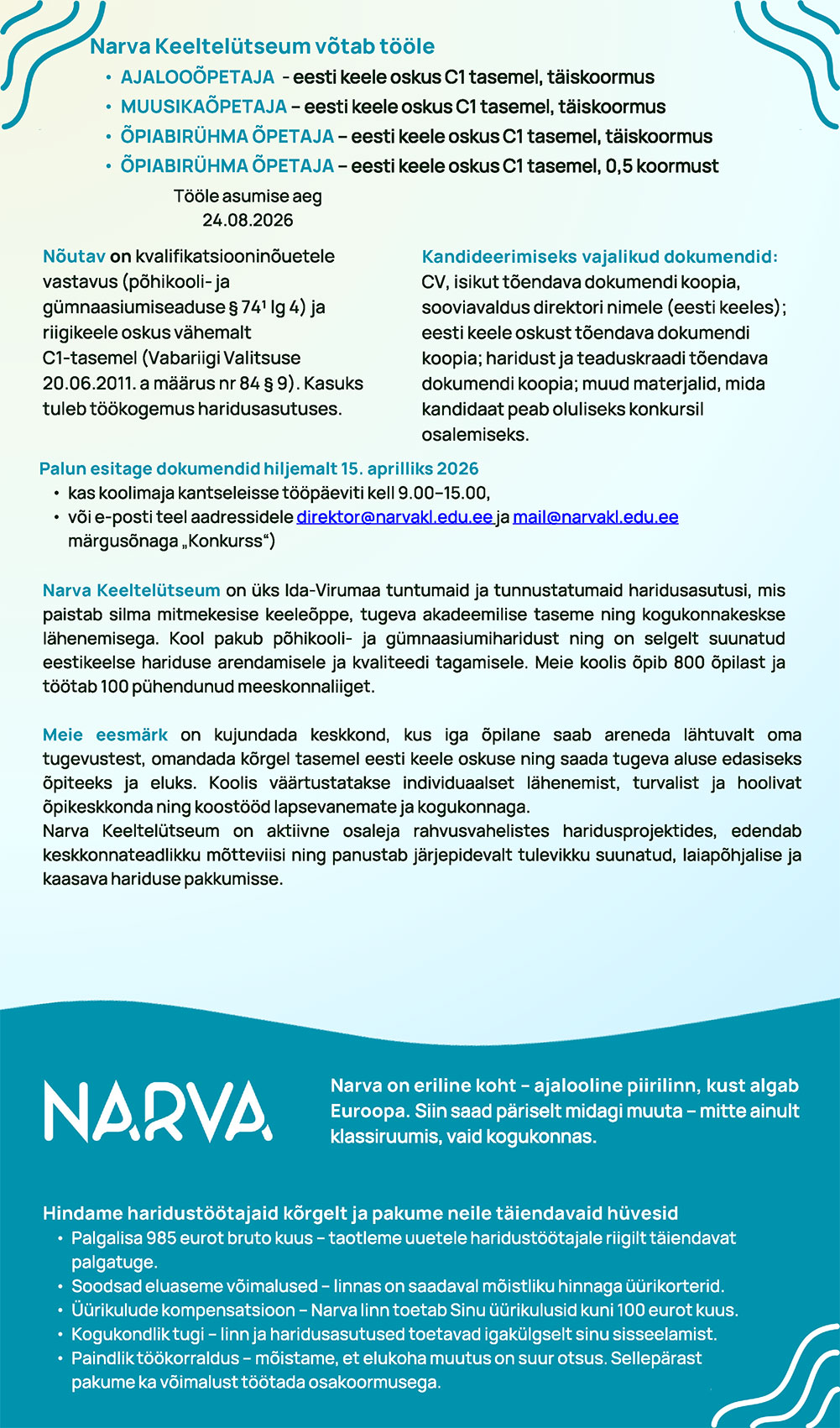 Narva Keeltelütseumi töökuulutused kuni 15.04.2026 - I