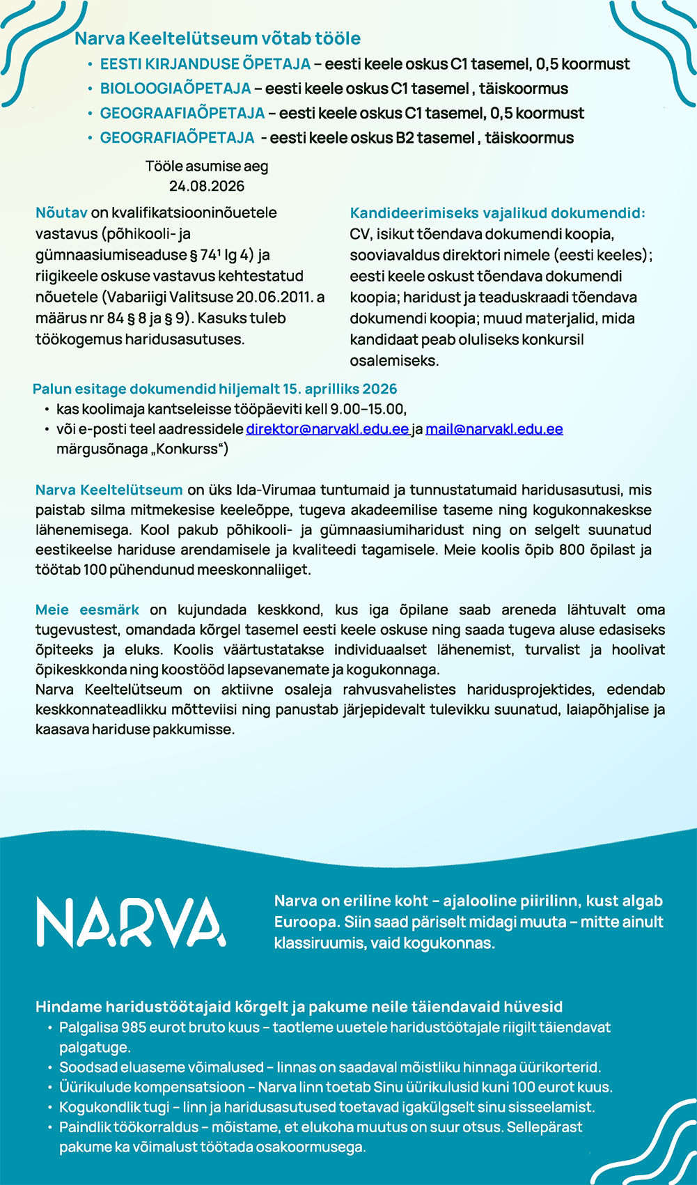 Narva Keeltelütseumi töökuulutused kuni 15.04.2026 - II