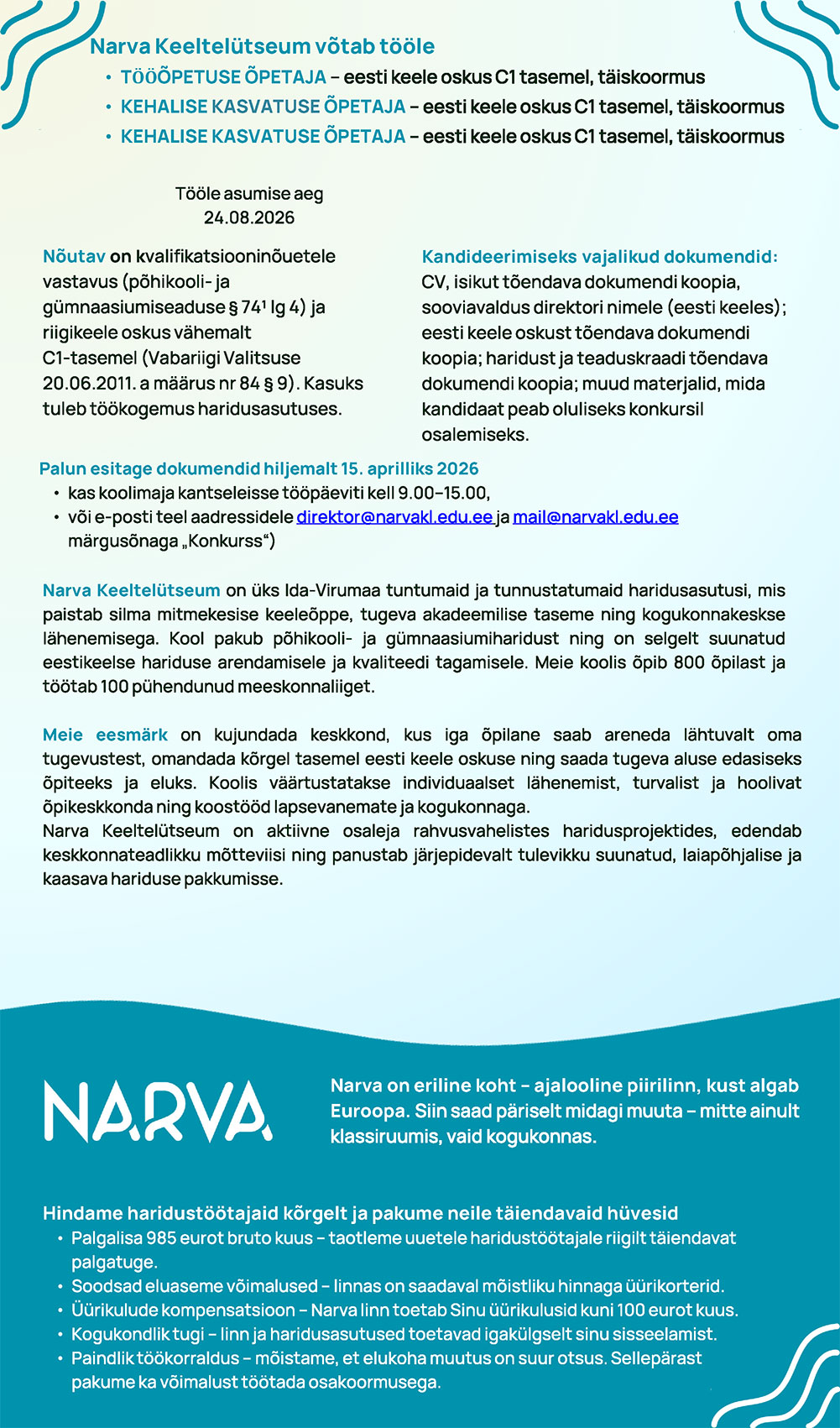 Narva Keeltelütseumi töökuulutused kuni 15.04.2026 - III