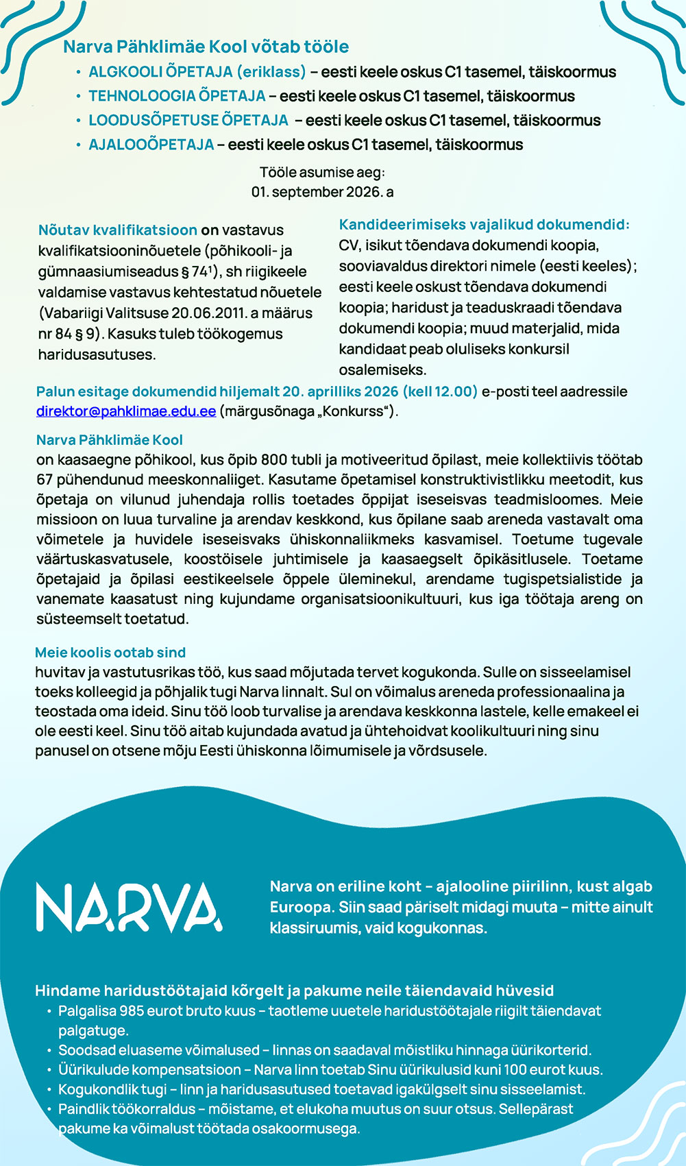 Narva Pähklimäe Kooli töökuulutused kuni 20.04.2026 kl 12.00-ni - 2