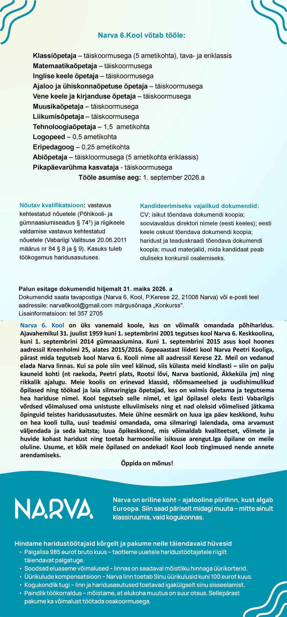 Narva 6. Kooli töökuulutused kuni 31.05.2026
