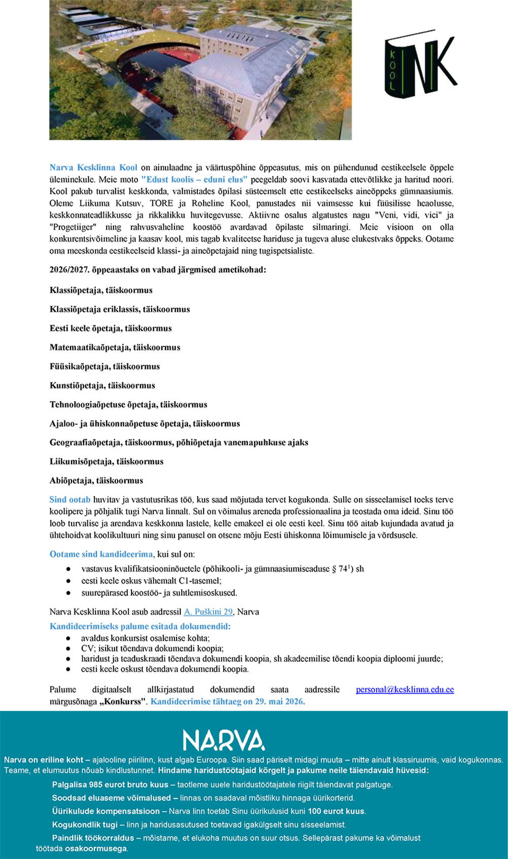 Narva Kesklinna Kooli töökuulutused kuni 29.05.2026