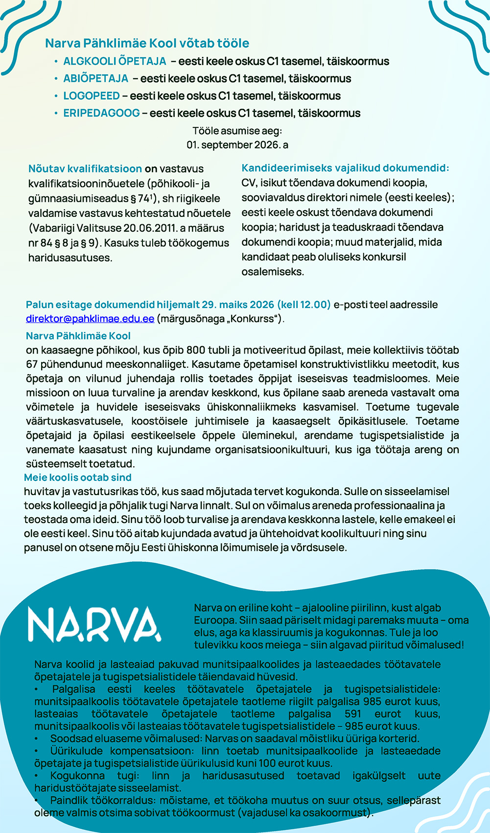 Pähklimäe kooli töökuulutused kuni 29.05.2026