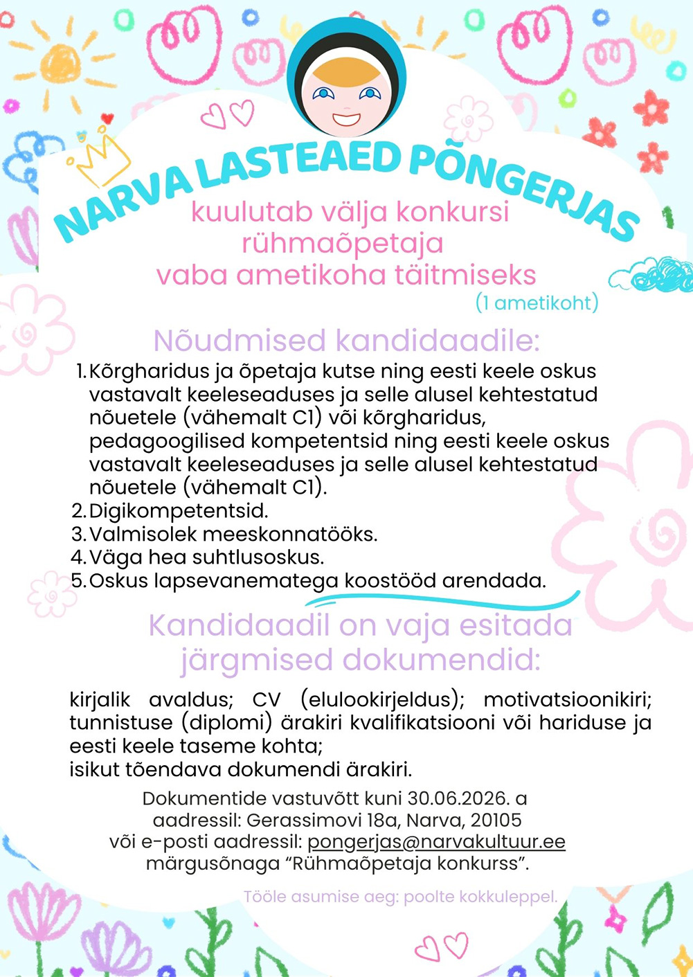 Narva la Põngerjas rühmaõpetaja kuni 30.06.2026