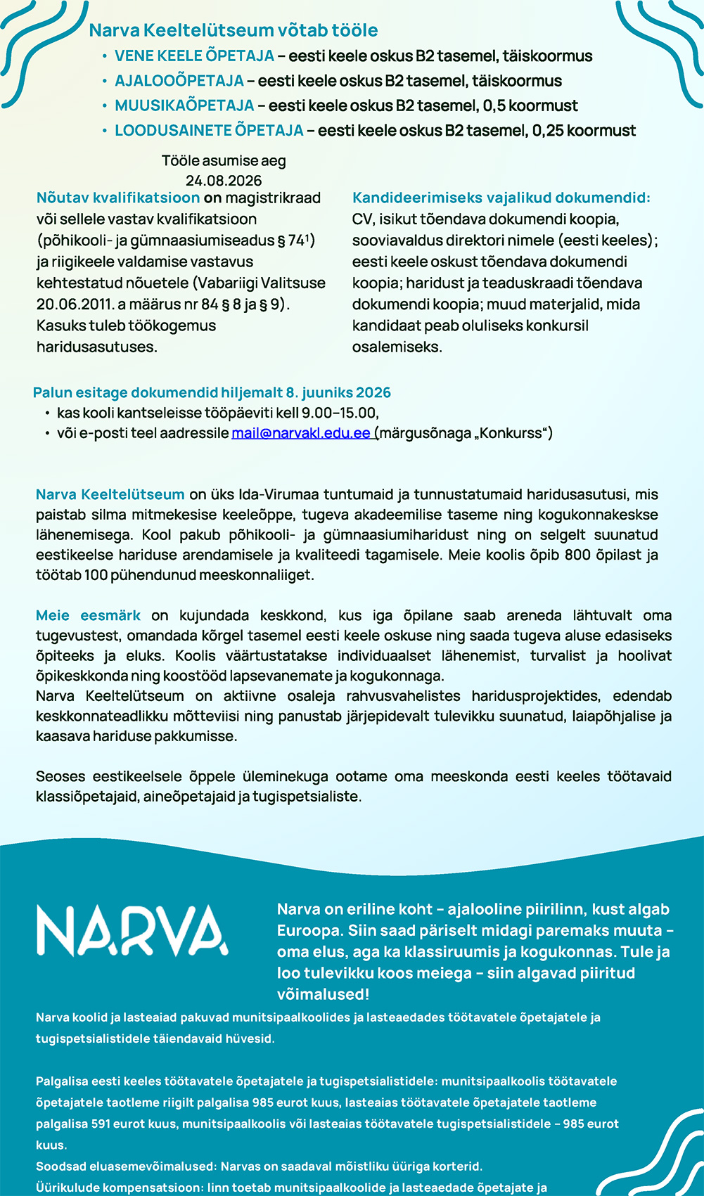 Narva Keeltelütseumi töökuulutused II - kuni 08.06.2026