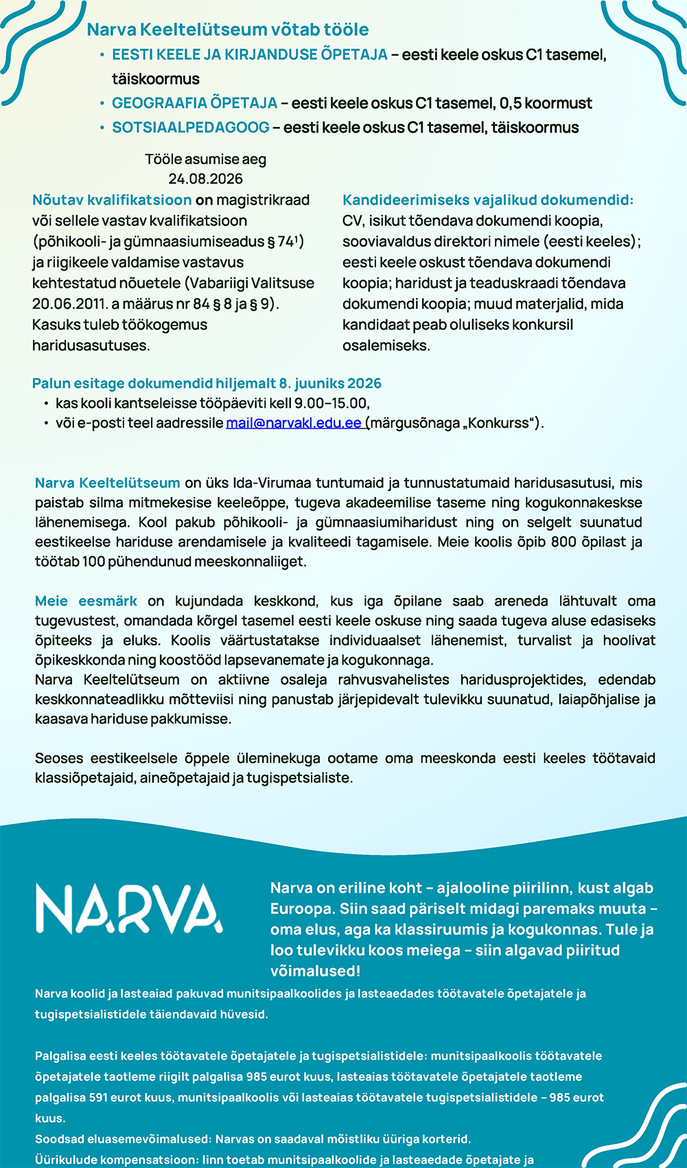 Narva Keeltelütseumi töökuulutused I - kuni 08.06.2026