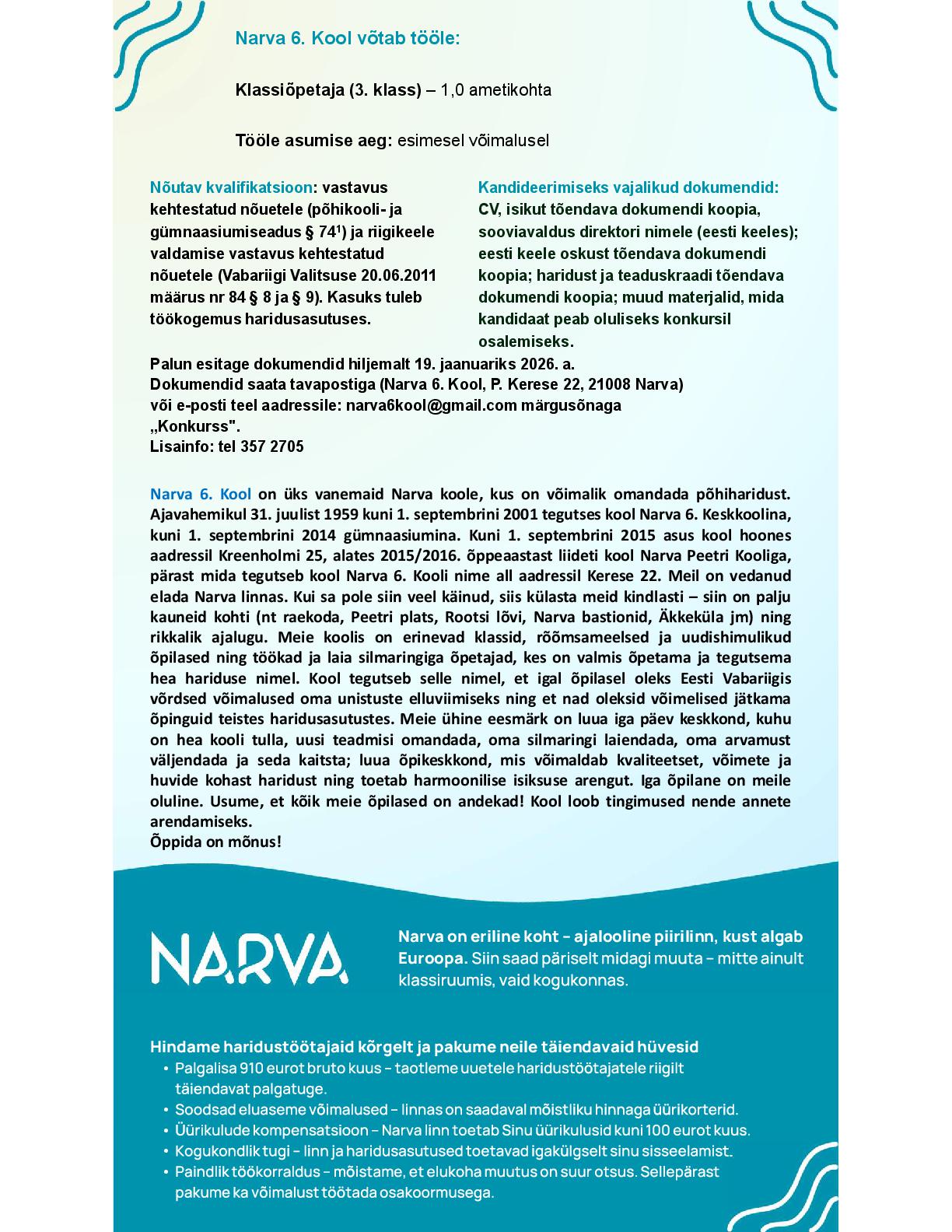 Narva 6. Kooli töökuulutus